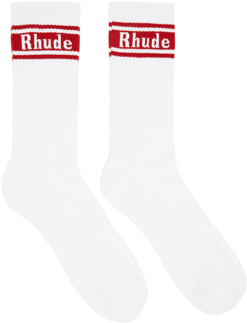 Rhude White & Red Stripe Logo Socks Rhude