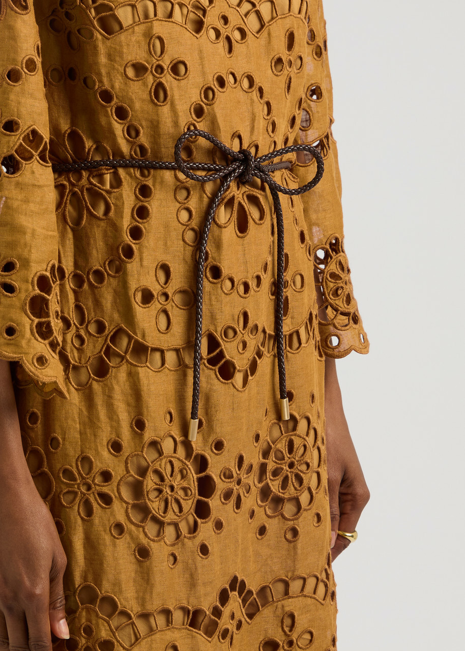 Zimmermann Pop Embroidered Linen Midi Dress Tan Zimmermann