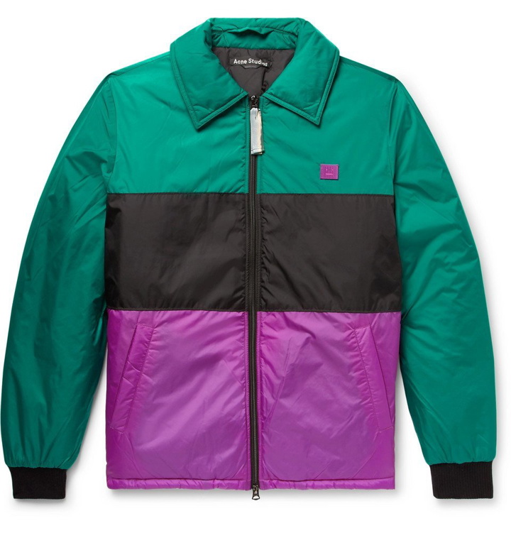 Photo: Acne Studios - Logo-Appliquéd Colour-Block Padded Nylon Jacket - Emerald