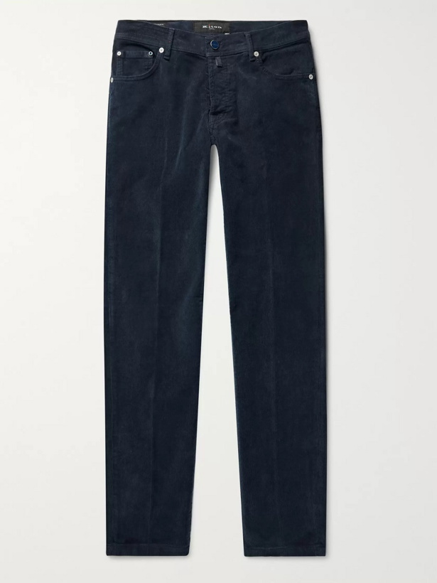 Photo: Kiton - Slim-Fit Stretch Cotton and Wool-Blend Corduroy Trousers - Blue