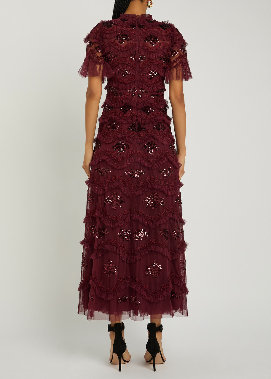 Needle & Thread Daisy Wave Ruffled Sequin-embellished Tulle Gown Burgundy