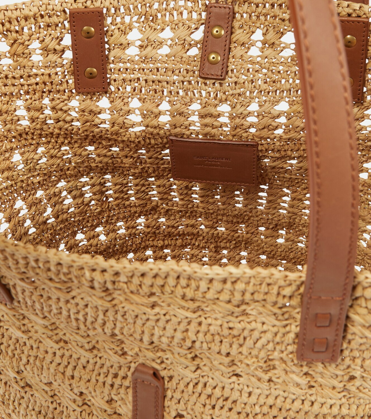 大人のラフィアバッグ【Saint Laurent】『Panier』Smallトート SAINT LAURENT Small Panier leather-trimmed raffia tote | NET
