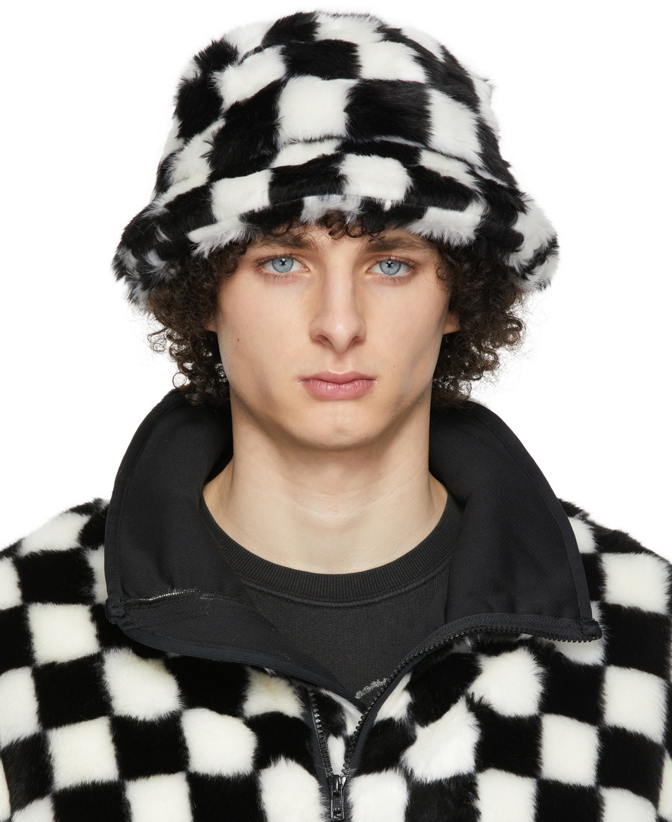 R13 Black White Faux Fur Bucket Hat R13