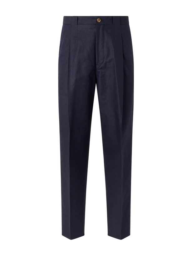 Photo: Brunello Cucinelli - Tapered Pleated Cotton and Linen-Blend Trousers - Blue