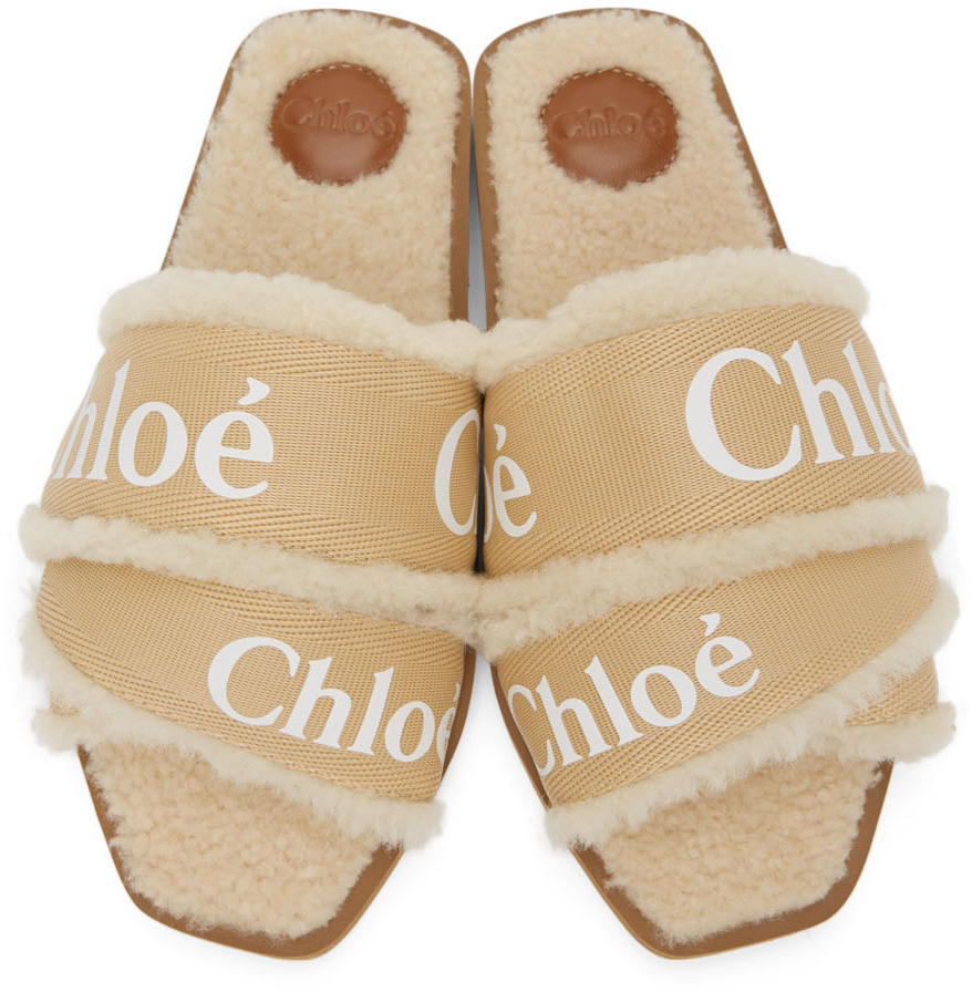 Chloé Beige Shearling Woody Flat Mules