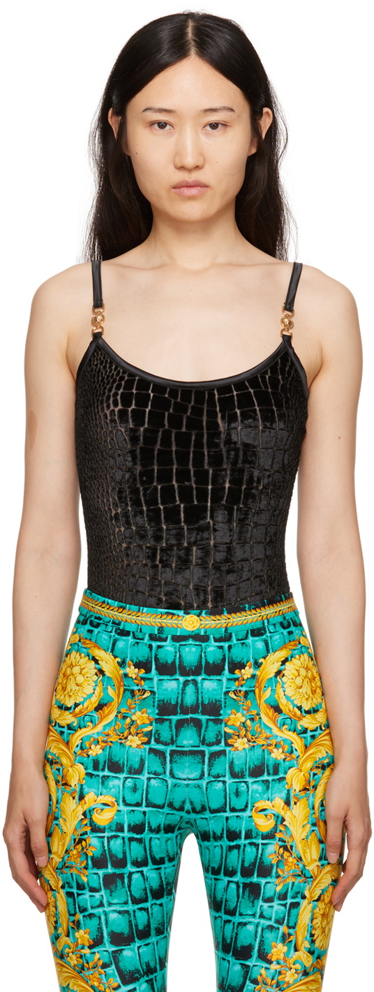Versace Underwear Black CrocEffect Bodysuit Versace Underwear