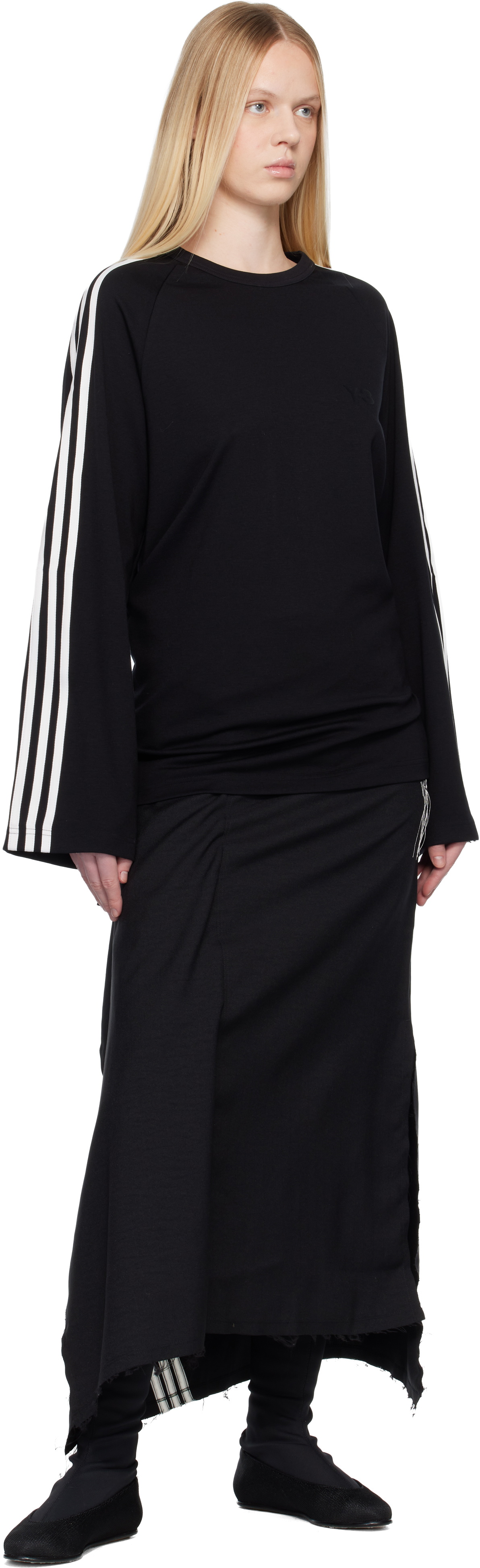 Y-3 Black Sport Uniform Raw Cut 3 Stripes Midi Skirt