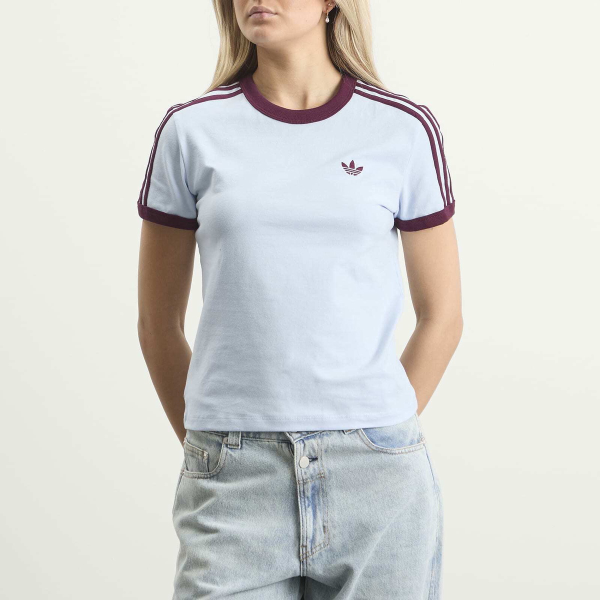 Adidas Women's 3S T-Shirt in Crystal Sky/Maroon