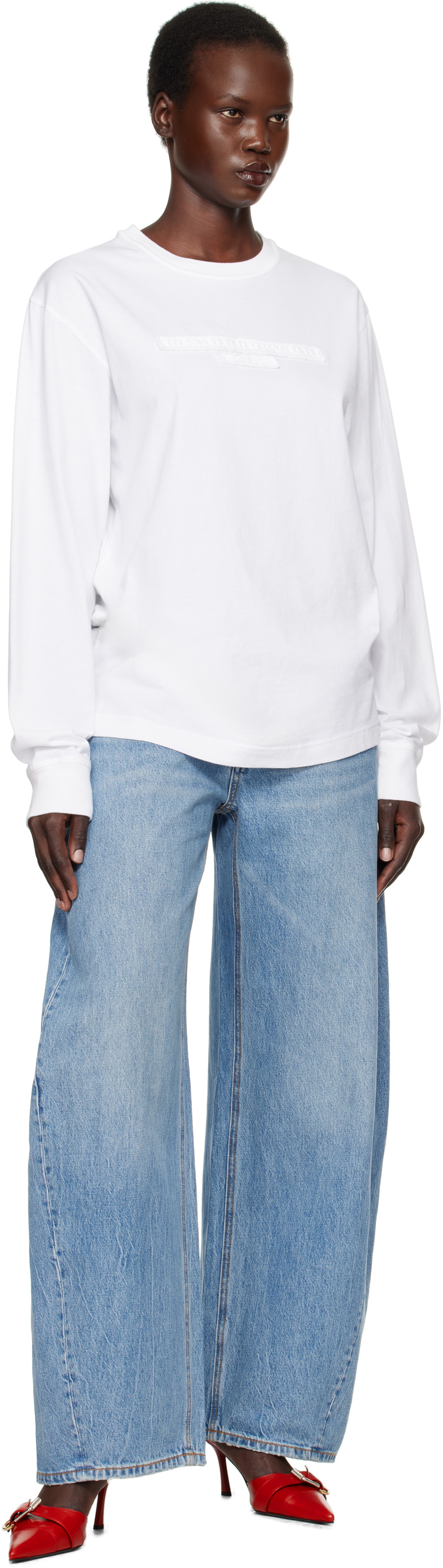 トップス ALEXANDER WANG DISTRESSED LOGO OVERSIZED Alexander Wang White Distressed Logo Long-Sleeve T-shirt Alexander