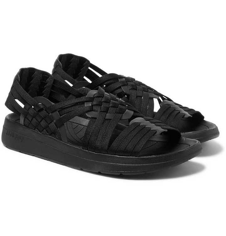 Photo: Malibu - Canyon Faux Leather-Trimmed Woven Webbing Sandals - Black
