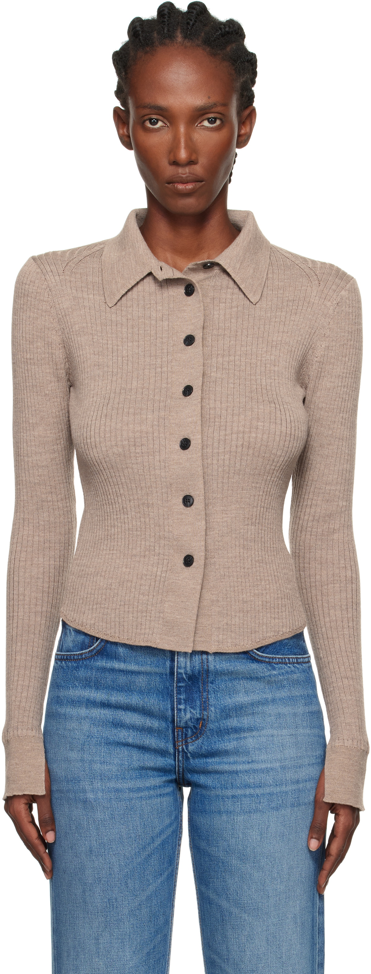 mfpen Beige Knitted Rib Cardigan