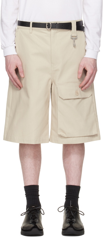 Photo: Reese Cooper Beige Cotton Herringbone Patch Pocket Shorts