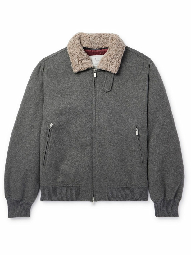 Photo: Brunello Cucinelli - Shearling-Trimmed Padded Cashmere Bomber Jacket - Gray