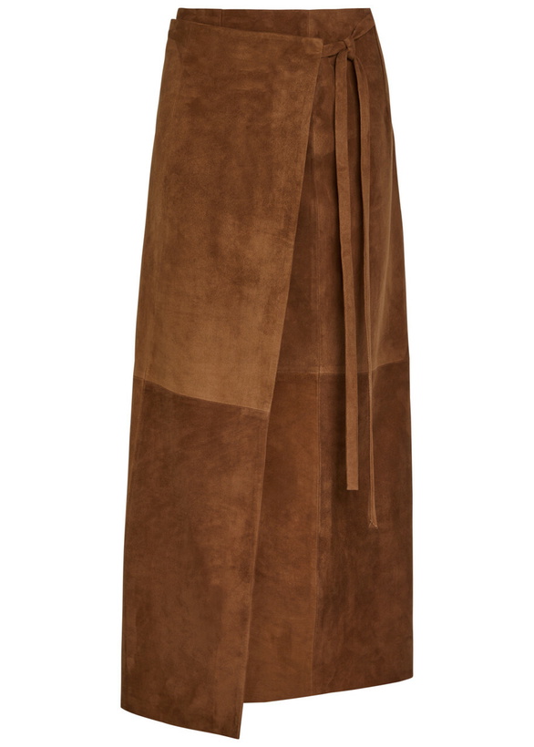 Photo: Nour Hammour Suede Wrap Midi Skirt Brown
