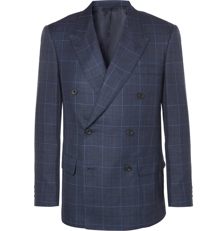 Photo: Kingsman - Harry's Navy Double-Breasted Checked Wool, Silk and Linen-Blend Suit Jacket - Blue