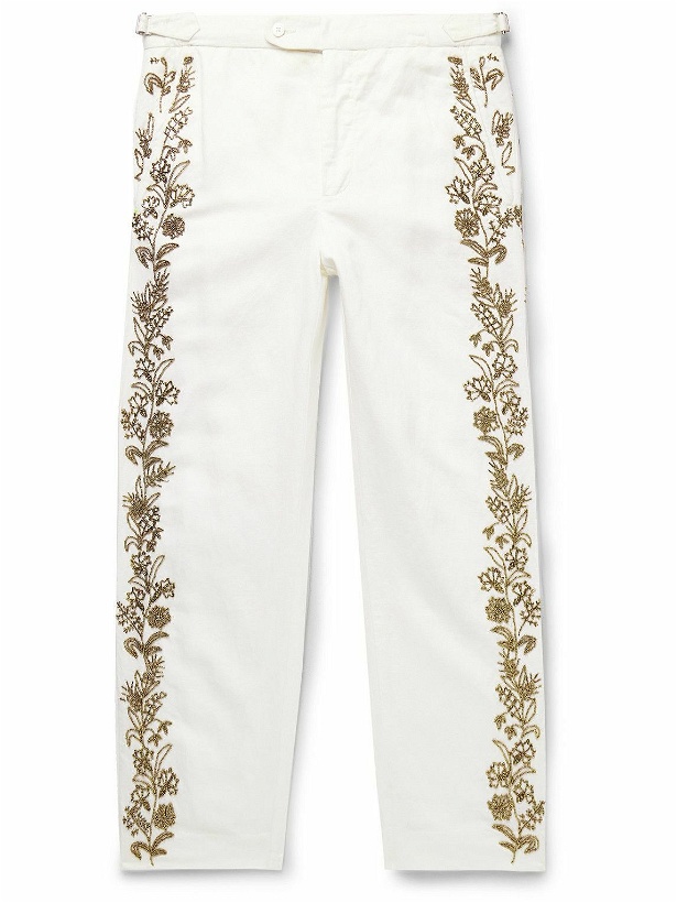 Photo: BODE - Wheat Flower Straight-Leg Beaded Linen and Cotton-Blend Twill Trousers - Neutrals