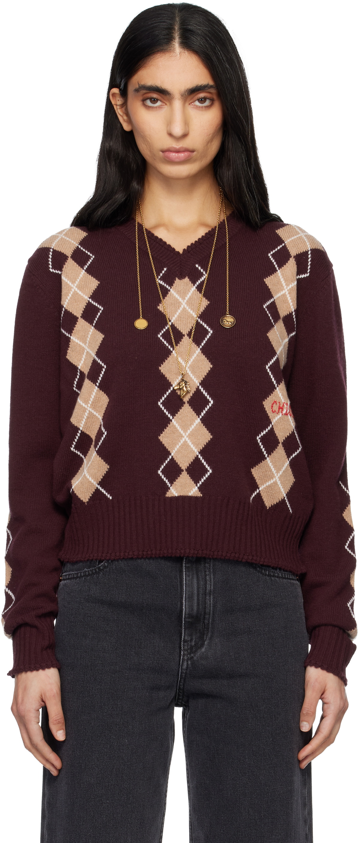 Chloé Burgundy Argyle Knit Wool Sweater