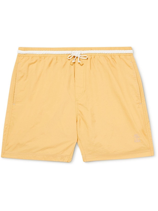 Photo: Brunello Cucinelli - Straight-Leg Mid-Length Logo-Embroidered Swim Shorts - Yellow