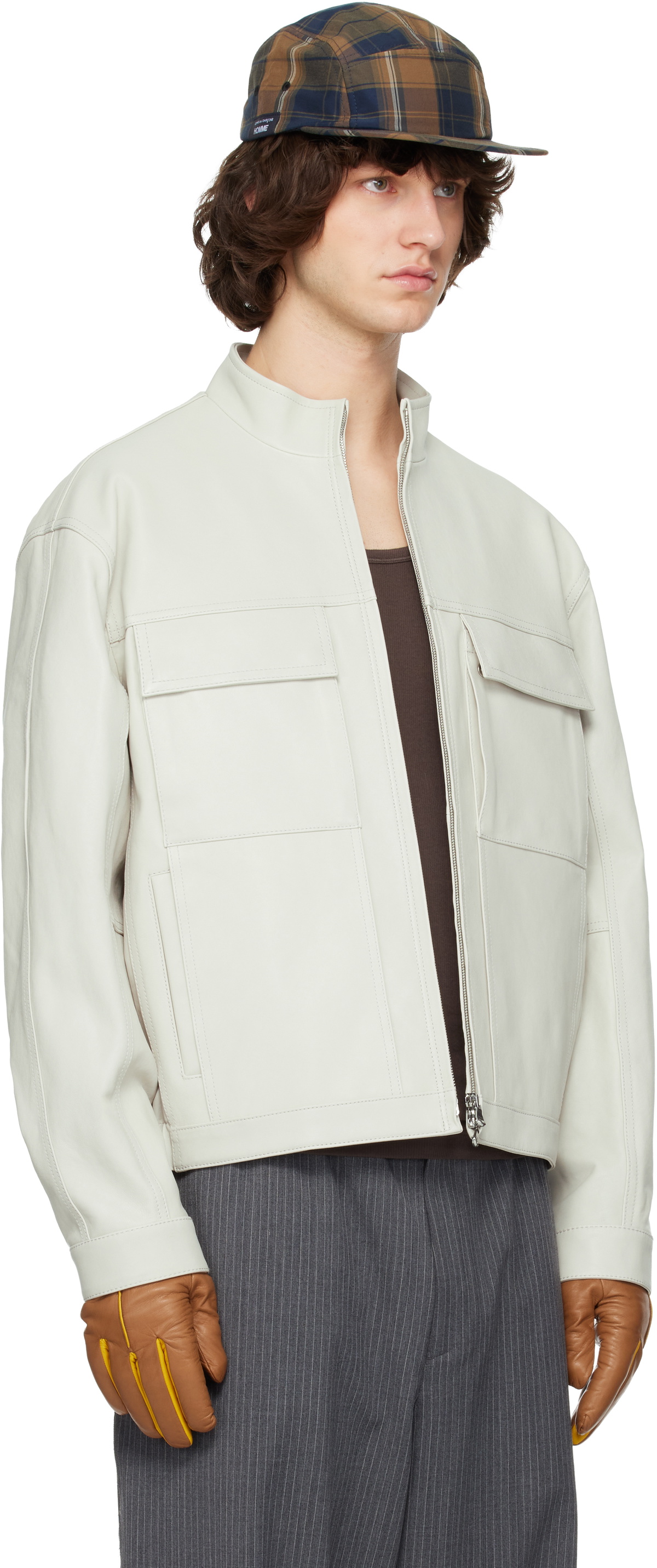 Solid Homme Off-White High-Neck Two-Pocket Leather Jacket