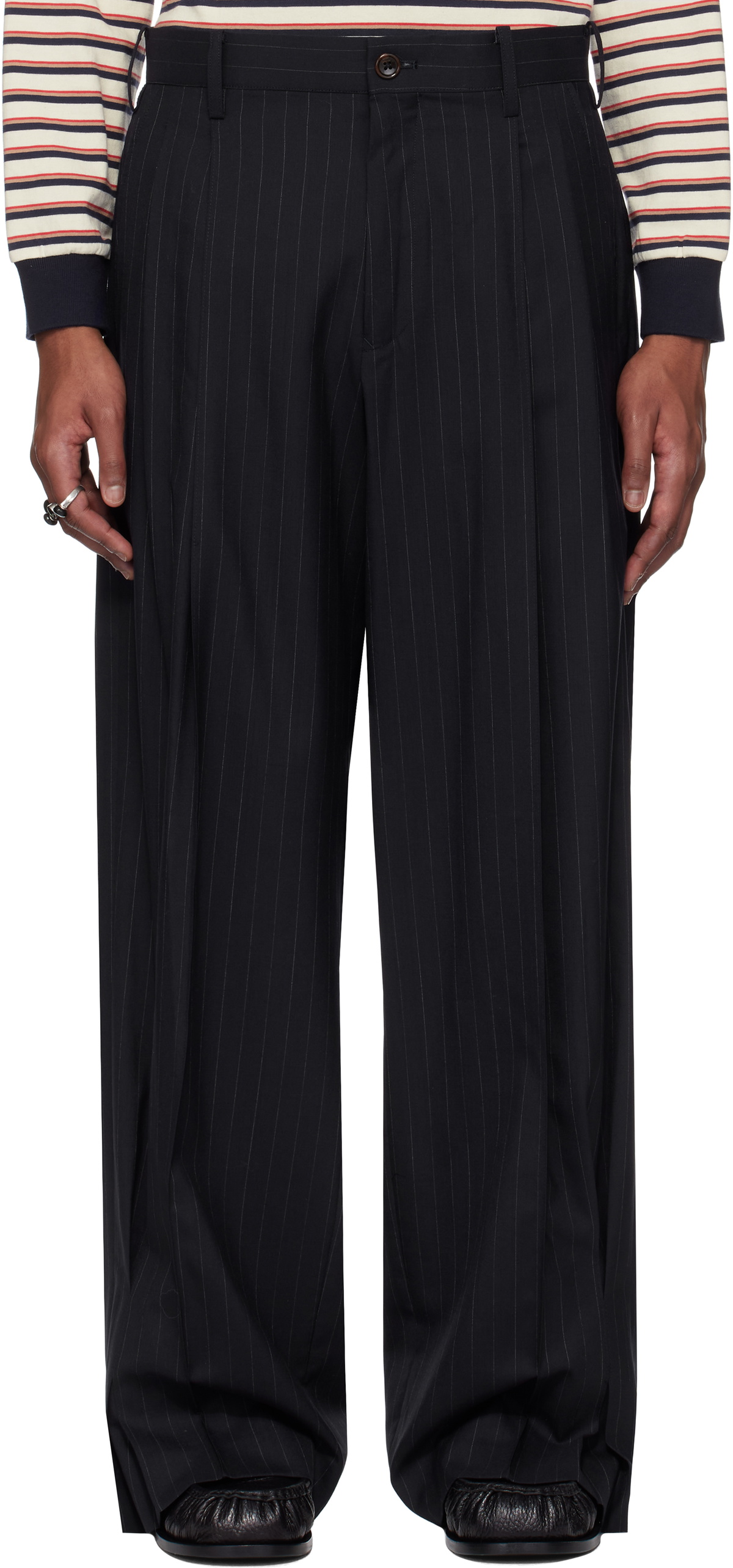 Khoki Navy Pinstripe-Pattern Trousers