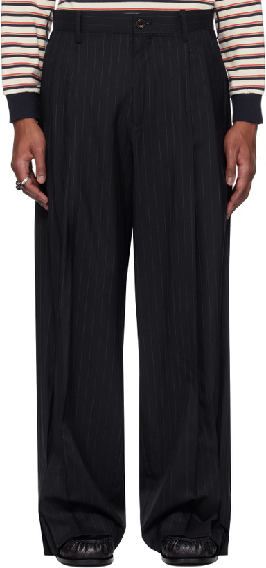 Photo: Khoki Navy Pinstripe-Pattern Trousers