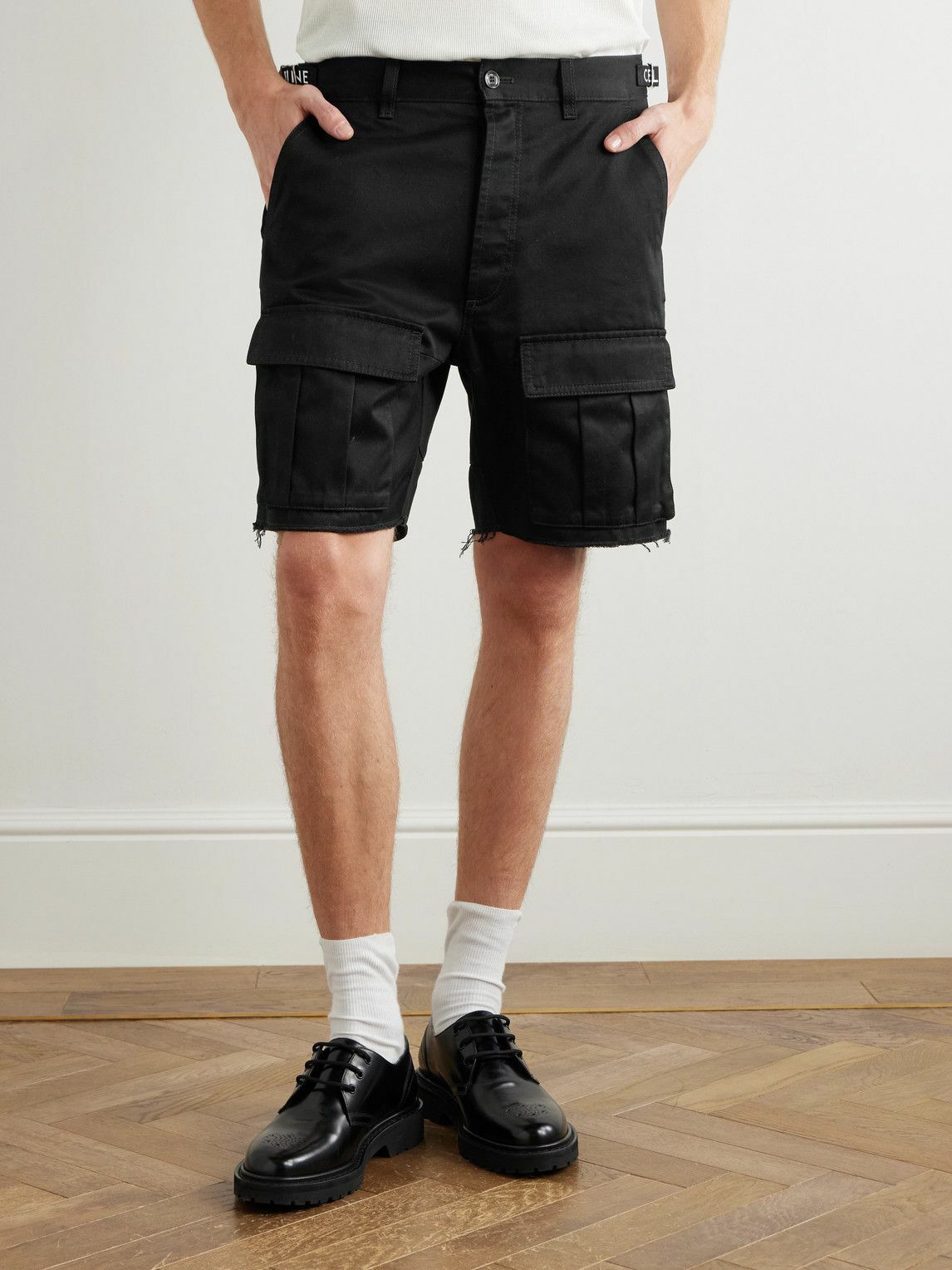 CELINE - Straight-Leg Distressed Cotton-Twill Cargo Shorts - Black