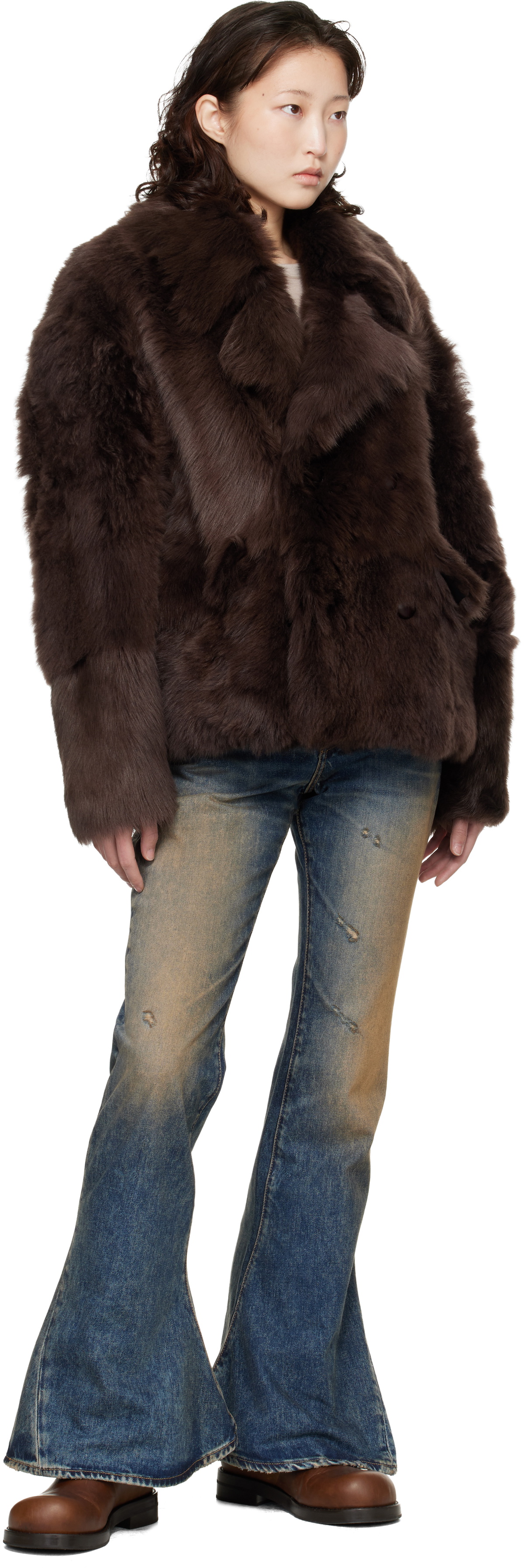 Marine Serre Brown Hairy Caban Shearling Coat