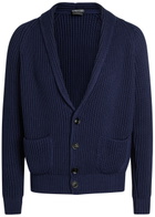 Tom Ford Shawl-collar Ribbed Cotton and Silk-blend Cardigan Navy