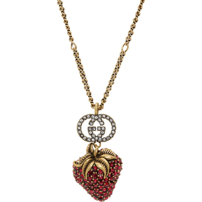 Gucci Aged Bronze Necklace with Red Crystal Strawberry Pendant 583587 8413