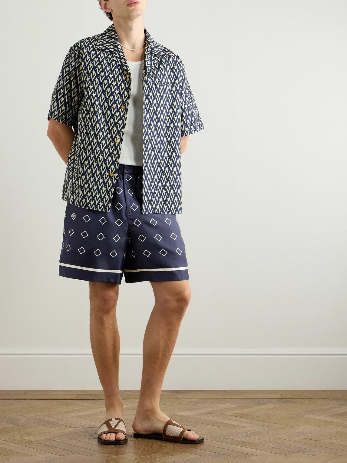 Valentino Garavani - Straight-Leg Printed Silk-Twill Shorts - Blue