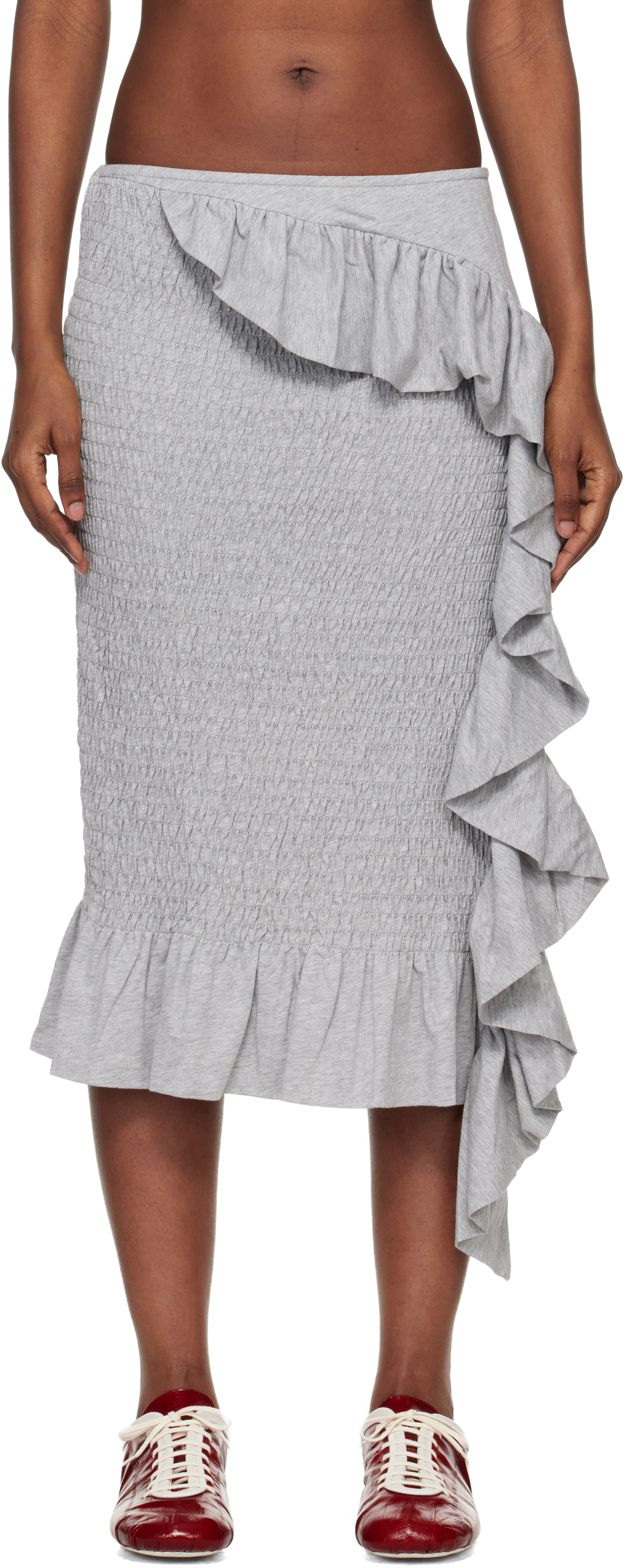 Dries Van Noten Gray Shirred Ruffle Midi Skirt