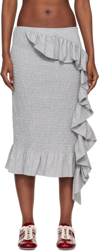 Photo: Dries Van Noten Gray Shirred Ruffle Midi Skirt