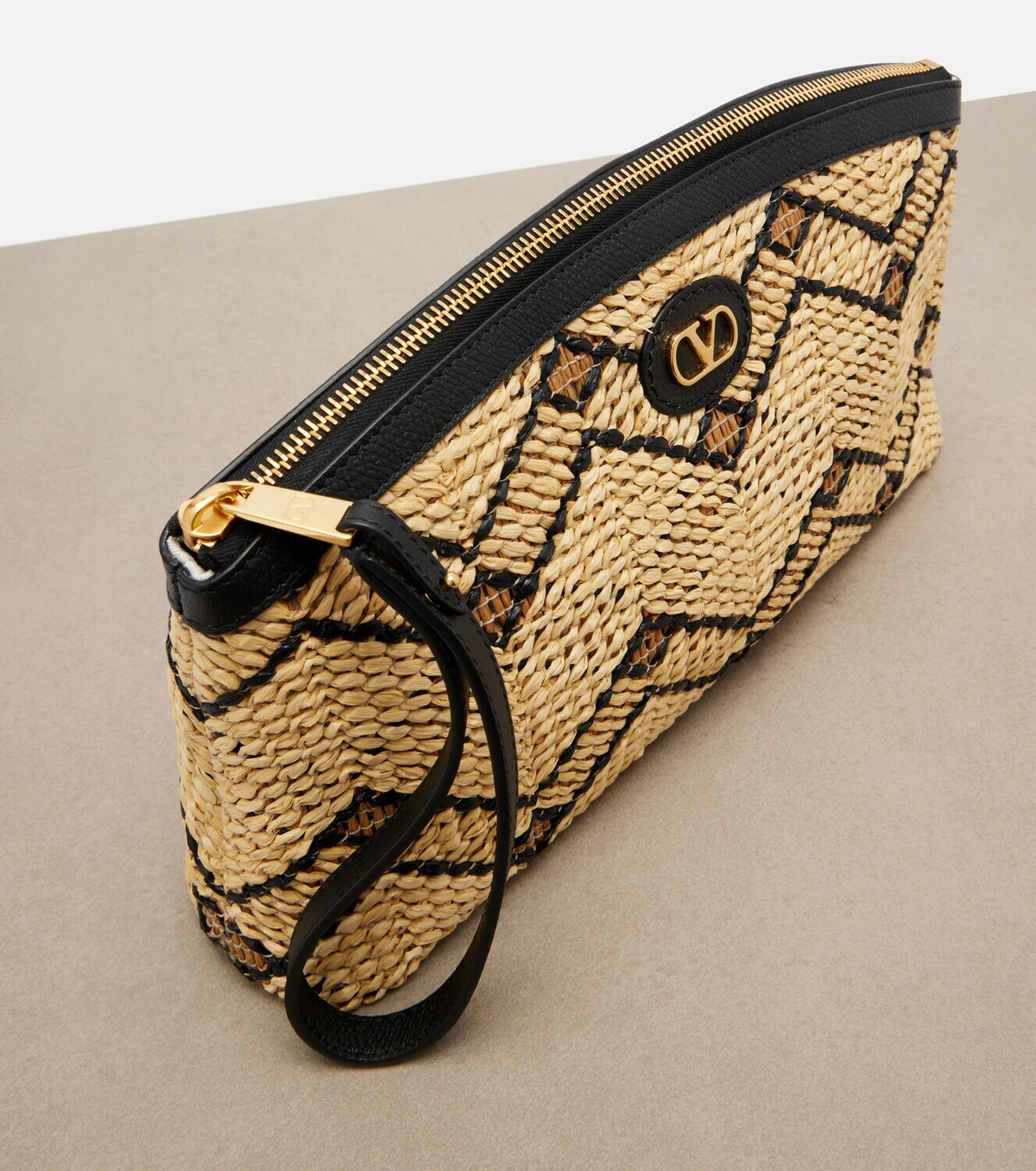Valentino Garavani VLogo Small leather-trimmed raffia pouch