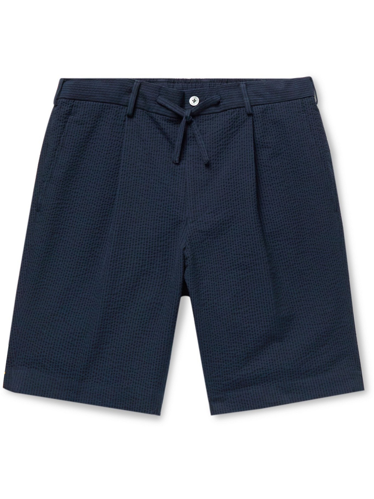 Photo: BEAMS F - Pleated Striped Cotton-Seersucker Drawstring Shorts - Blue