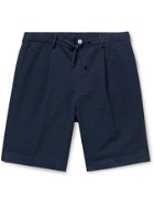 BEAMS F - Pleated Striped Cotton-Seersucker Drawstring Shorts - Blue