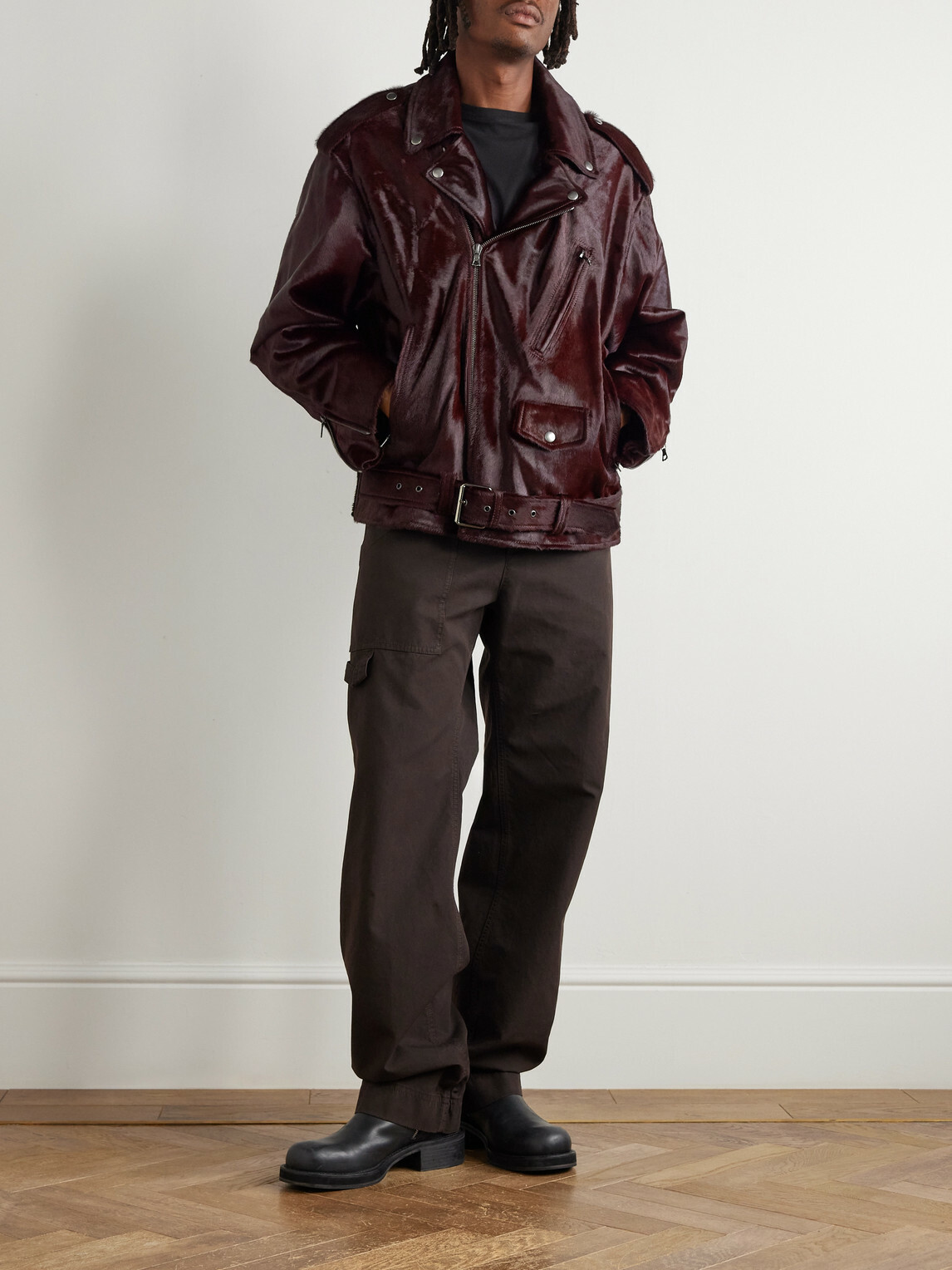 Dries Van Noten - Belted Calf Hair Biker Jacket - Burgundy