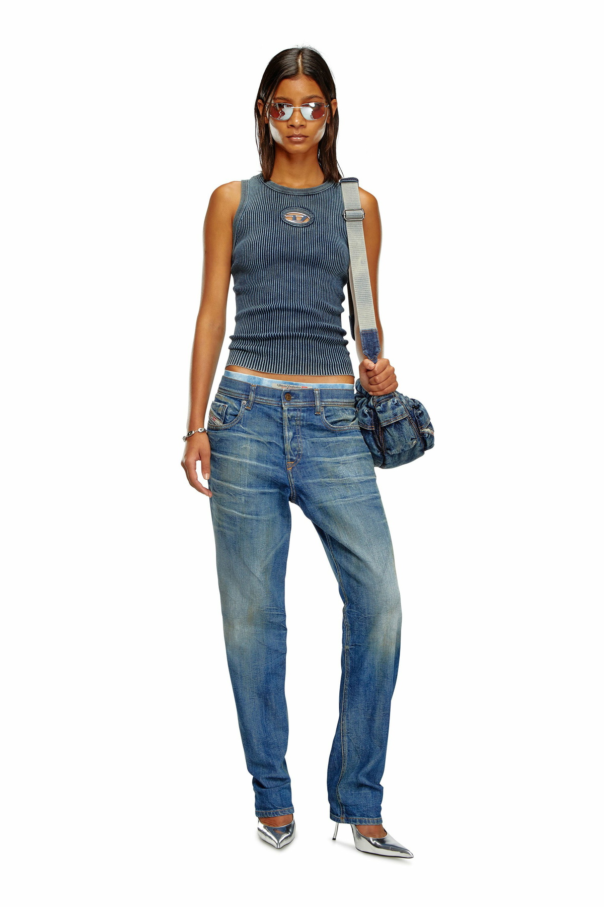 Diesel Rib-knit tank top with Oval D - Tops Womens in Blue Diesel