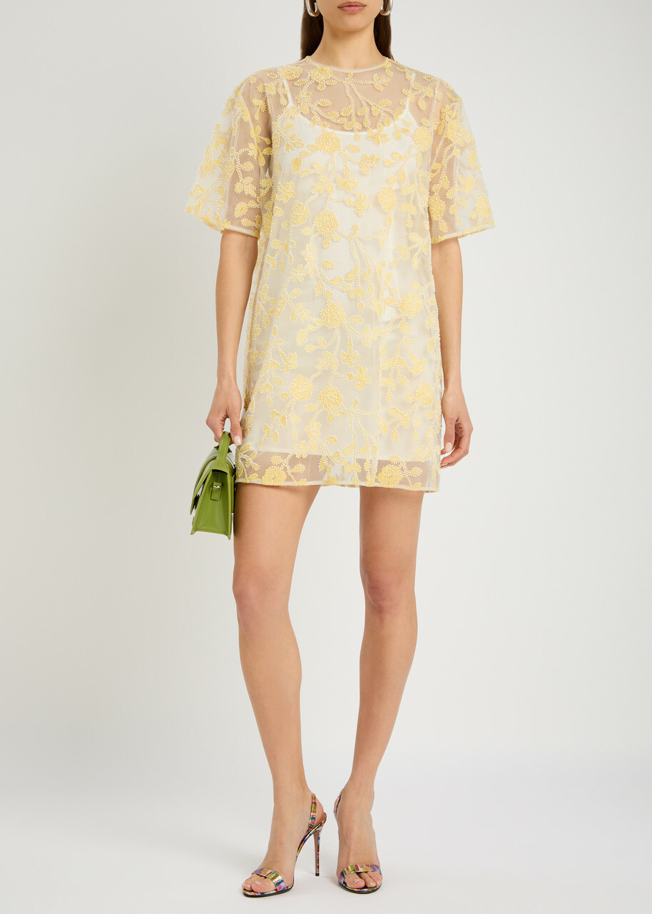 Rotate Birger Christensen Floral-embellished Tulle Mini Dress Yellow