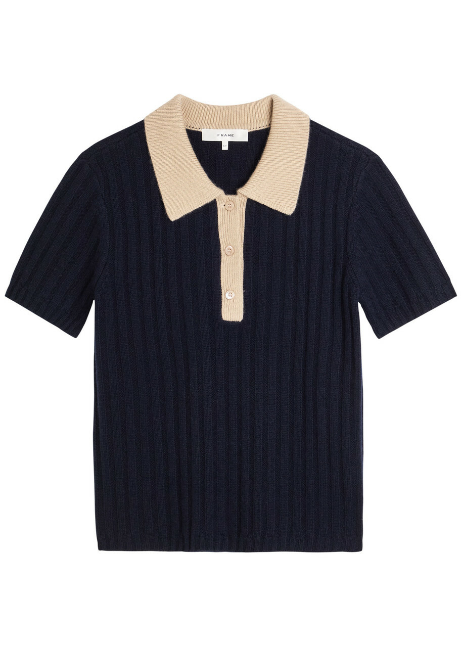 Frame Ribbed Cashmere Polo top Navy