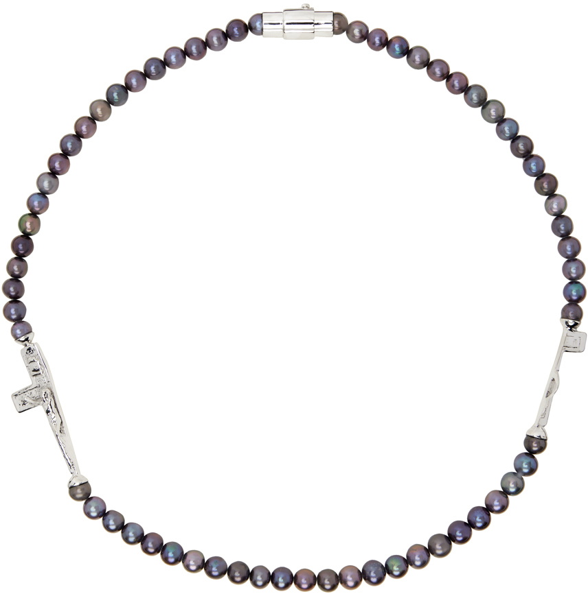 SWEETLIMEJUICE Silver & Black Pearl Split Cross Choker