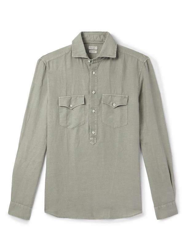 Photo: Brunello Cucinelli - Cutaway-Collar Linen and Cotton-Blend Half-Placket Shirt - Green