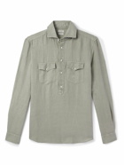 Brunello Cucinelli - Cutaway-Collar Linen and Cotton-Blend Half-Placket Shirt - Green