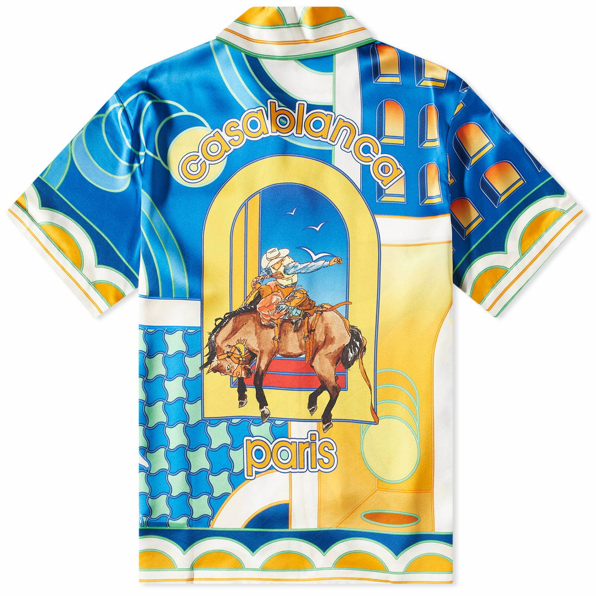 Casablanca Men's Paysage Short Sleeve Silk Shirt in Blue