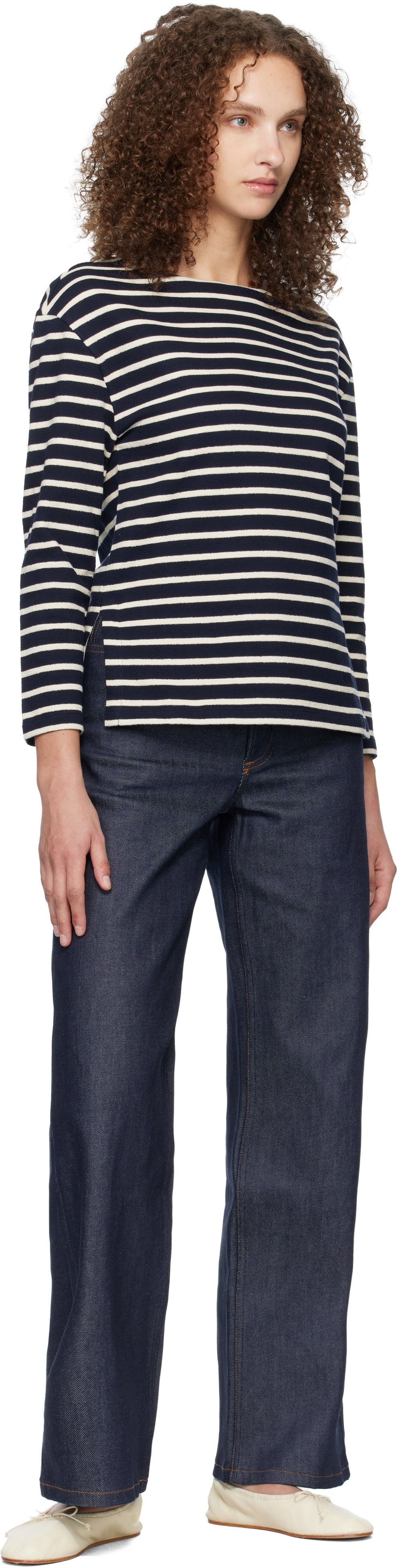 A.P.C. Navy Striped Three-Quarter Sleeve T-shirt
