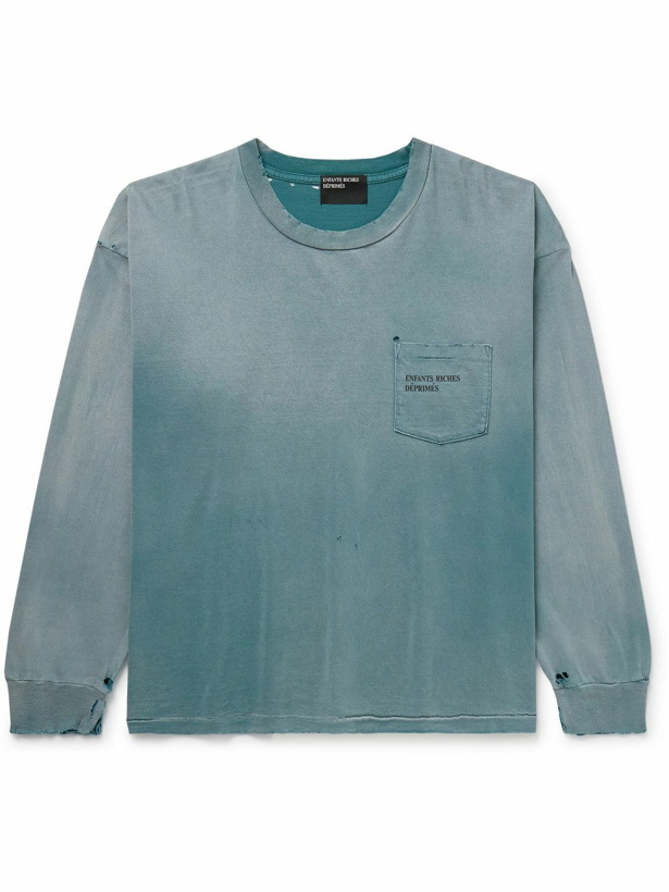 Photo: Enfants Riches Déprimés - Thrashed Distressed Logo-Print Cotton-Jersey T-Shirt - Blue