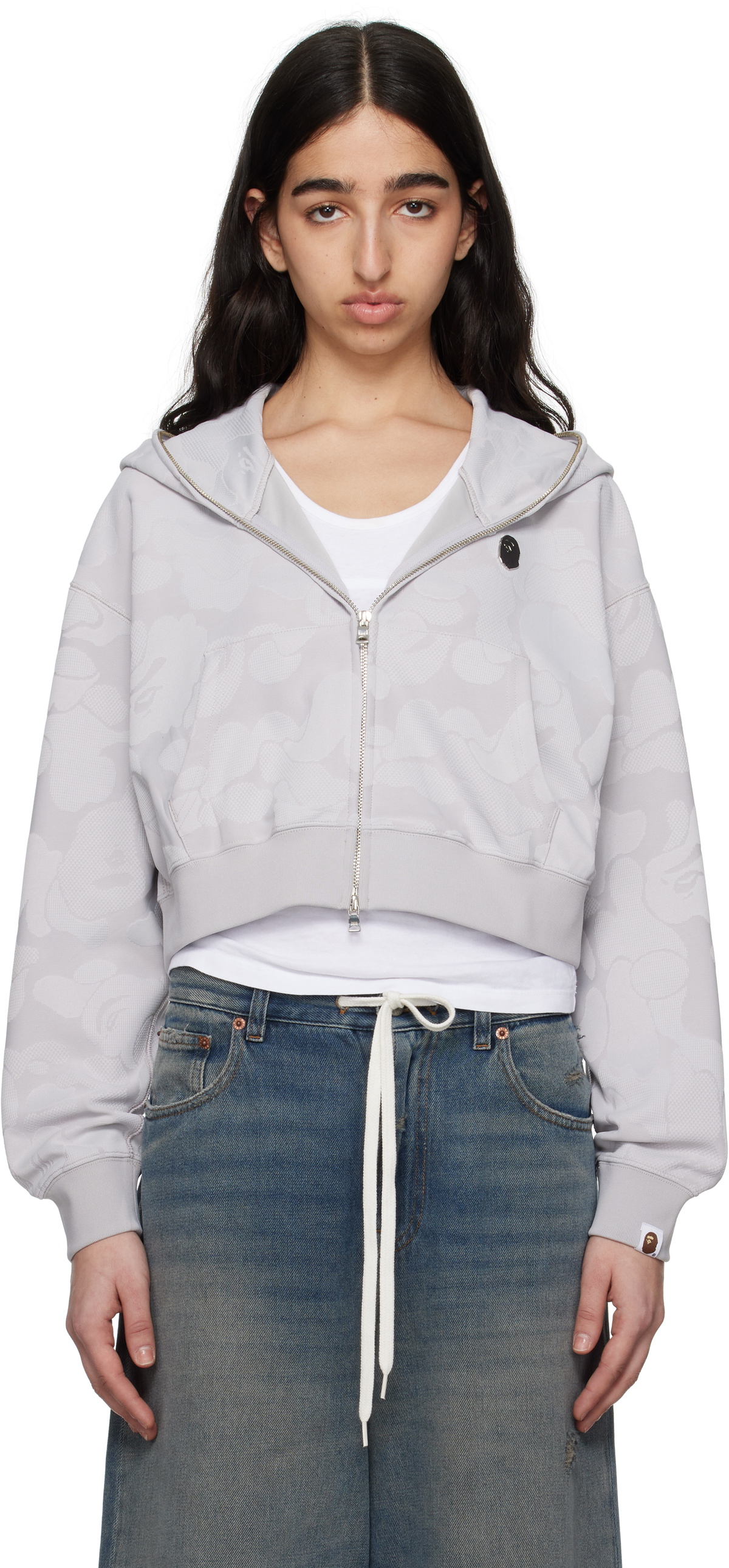 BAPE Gray Solid Camo Jacquard One Point Cropped Zip Hoodie
