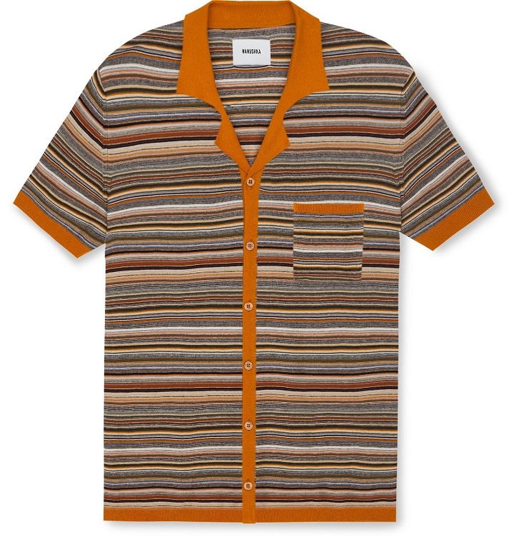 Photo: Nanushka - Taro Camp-Collar Striped Knitted Cotton Shirt - Brown