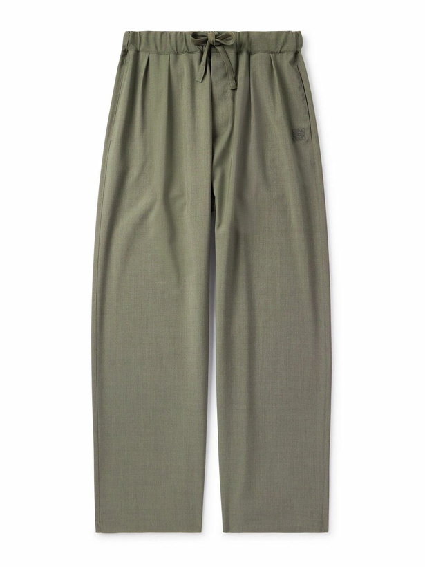 Photo: LOEWE - Wide-Leg Logo-Embroidered Pleated Wool Drawstring Trousers - Green