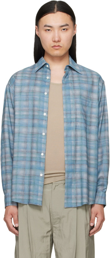 Photo: YOKE Blue Printed Plaid Cotton Lawn Shirt