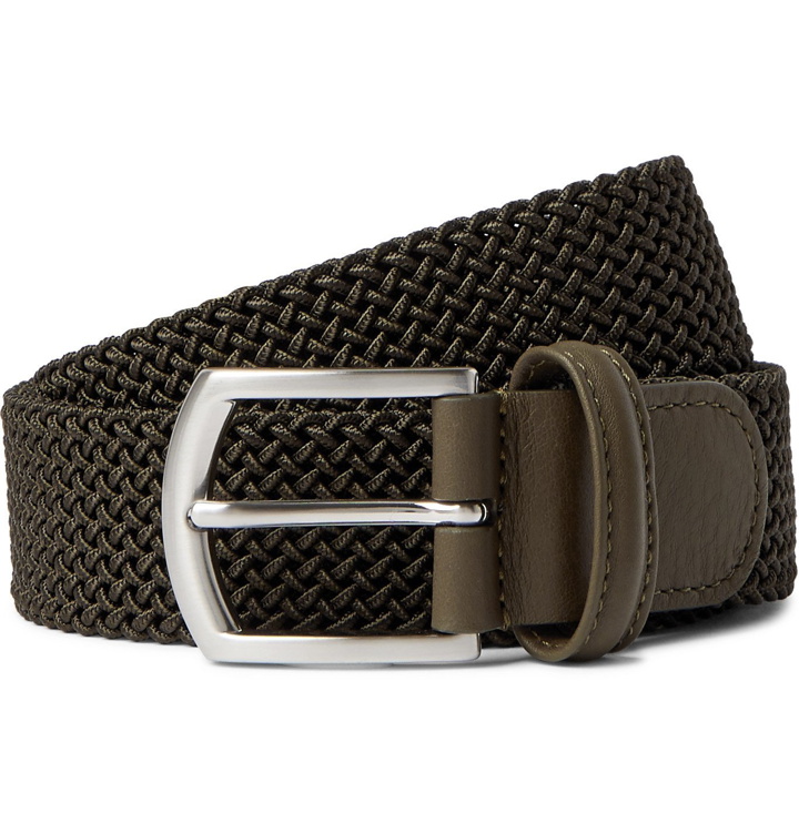 Photo: Anderson's - 3.5cm Leather-Trimmed Woven Elastic Belt - Green